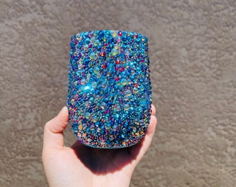 Glass blue multicolor rhinestone wine tumbler