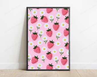 Strawberry Daisy Floral Pattern Print | Pink Food Art | Minimalist Botanical Wall Decor | Digital Download A3 A2 A1