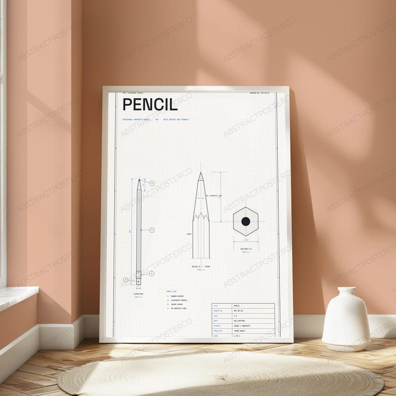 Technische tekening met potlood | Technische schematische tekening als wanddecoratie | Minimalistische designposter afbeelding 4