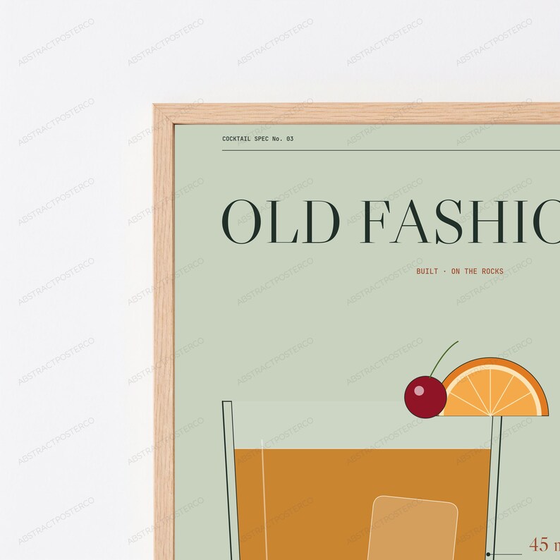 Old Fashioned Cocktail Recipe Print in Sage | Whiskey Drink Wall Art | Retro Bar Decor image 2