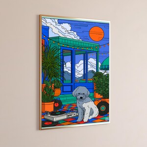 May include: A framed digital illustration featuring a grey and white dog sitting on a colorful checkered floor. The scene includes a DJ turntable, vinyl records, potted plants, and a blue building structure under a bright orange sun.