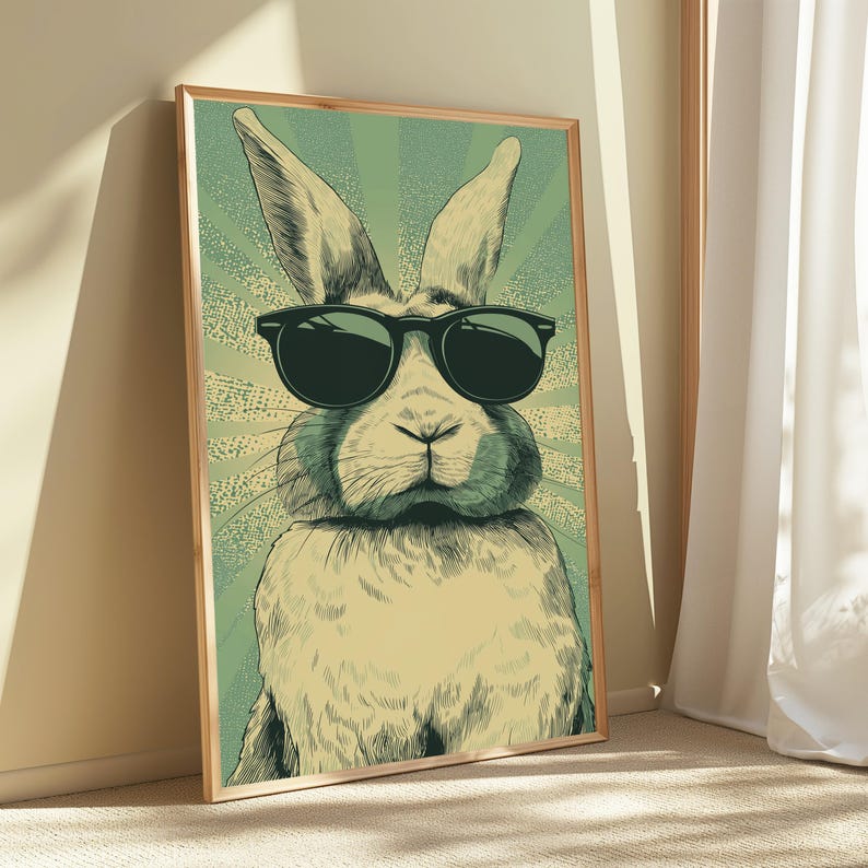 May include: A rectangular framed wall art print featuring a stylized illustration of a rabbit wearing black sunglasses. The rabbit is centered against a light green background with radiating sunburst lines in a darker shade of green.