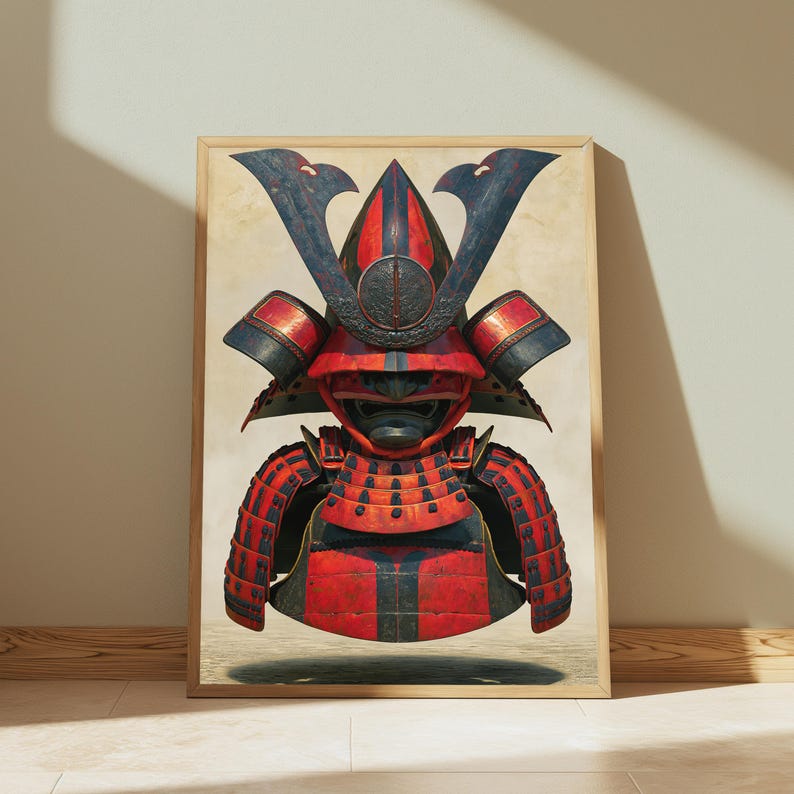 Peut inclure: Une impression d'art encadr&eacute;e repr&eacute;sentant une illustration d&eacute;taill&eacute;e d'un casque et d'une armure de samoura&iuml;. L'armure est principalement rouge avec des accents bleu fonc&eacute;, dot&eacute;e d'une cr&ecirc;te pro&eacute;minente sur le casque et de plaques superpos&eacute;es.