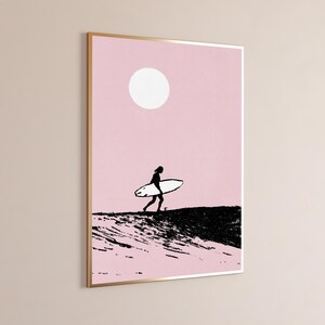 Surfer mit Surfbrett Strandmond | Minimalistische Silhouette Wandkunst | Küsten Vibes Druck | Digitaler Download A3-A2-A1 Bild 3