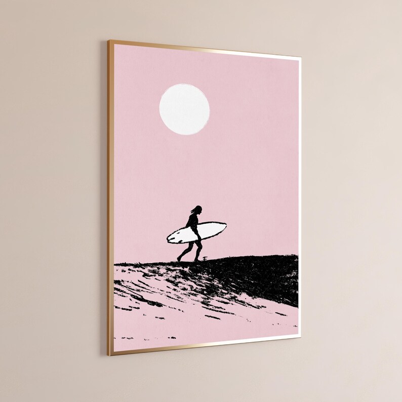 Surfer mit Surfbrett Strandmond | Minimalistische Silhouette Wandkunst | Küsten Vibes Druck | Digitaler Download A3-A2-A1 Bild 3