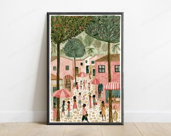 Bustling Market Village Square Wall Art | Minimalist Illustration Print | Community Summer Scene | Digital Download A3 A2 A1