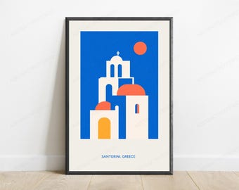 Santorini Greece Church Print | Minimalist Mediterranean Architecture Wall Art | Modern Travel Poster