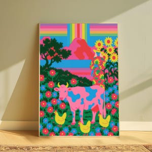 Psychedelic Farm Pop Art Print | Neon Cow Sunflowers | Maximalist Wall Art Decor | Digital Download A3 A2 A1 image 4