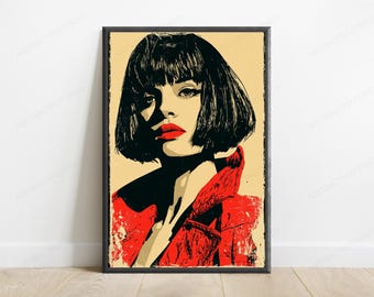 Retrato de mujer audaz, lámina de arte pop / Labios rojos, cabello negro / Arte minimalista para pared / Descarga digital A3 A2 A1
