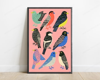 Colourful Birds Folk Art Print | Linocut Style Bird Illustration | Modern Home Wall Art