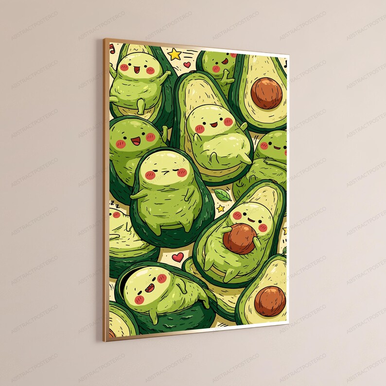 Puede incluir: Una impresi&oacute;n de arte mural rectangular con un patr&oacute;n repetitivo de aguacates de dibujos animados con caras sonrientes, mejillas rosadas y extremidades peque&ntilde;as. La ilustraci&oacute;n utiliza tonos verdes, amarillos y marrones, con estrellas y corazones rojos.