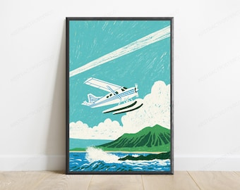 Retro Flugzeug Berglandschaft Druck | Vintage Reise Poster Kunst | Türkisfarbene Luftfahrt Wanddeko | Digitaler Download A3-A2-A1
