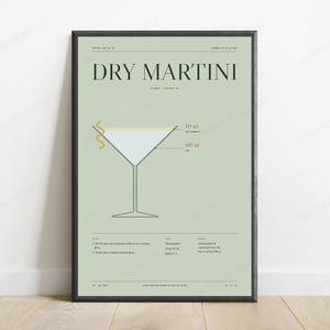 Dry Martini Cocktail Recipe Print in Sage | Classic Bar Art | Minimalist Kitchen Wall Decor