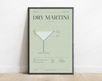 Dry Martini Cocktail Recipe Print in Sage | Classic Bar Art | Minimalist Kitchen Wall Decor