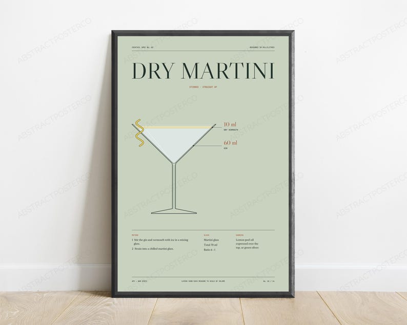 Dry Martini Cocktail Recipe Print in Sage | Classic Bar Art | Minimalist Kitchen Wall Decor image 1