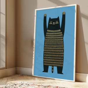Zwarte kat met gouden strepen minimalistische print | Serene zittende kat muurkunst | Modern woondecoratie | Digitale download A3 A2 A1 afbeelding 5