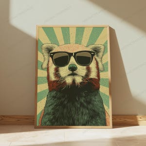 May include: A rectangular wall art print featuring a stylized illustration of a red panda wearing black sunglasses. The background consists of a sunburst pattern in alternating shades of light green and yellow, with a subtle speckled texture.