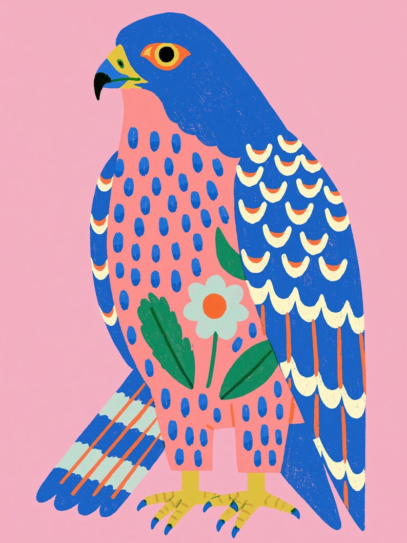 May include: A stylized illustration of a falcon against a solid pink background. The bird features a blue head and wings with cream-colored scalloped patterns, a pink chest with blue spots, a central white flower, and green leaves. Yellow talons.