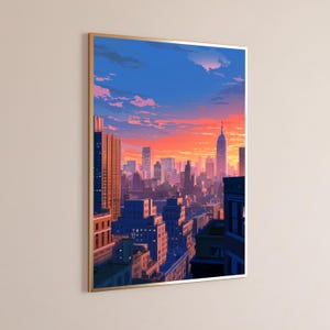 May include: A framed vertical wall art print depicting a city skyline at sunset. The scene features numerous buildings in shades of deep blue and purple, contrasted against a vibrant sky filled with orange, pink, and blue clouds.