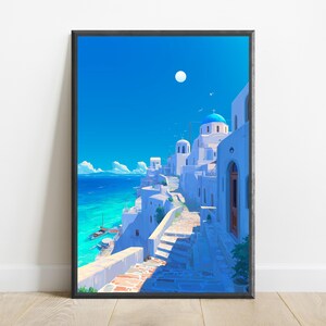 May include: A framed vertical art print depicting a coastal Mediterranean village with white buildings, blue domed roofs, and stone staircases leading toward a bright turquoise sea under a clear blue sky with a visible white moon in the daylight.
