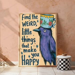 Purple Bird with Teacup Hat Wall Art | Quirky Minimalist Print | Funny Animal Illustration | Digital Download A3 A2 A1 afbeelding 4