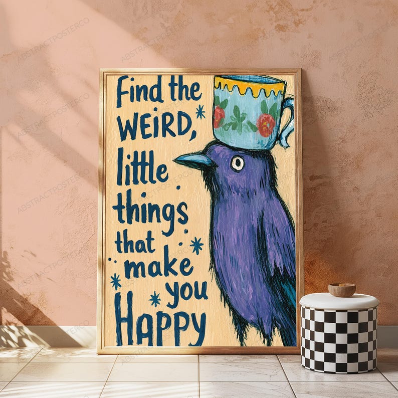 Purple Bird with Teacup Hat Wall Art | Quirky Minimalist Print | Funny Animal Illustration | Digital Download A3 A2 A1 afbeelding 4