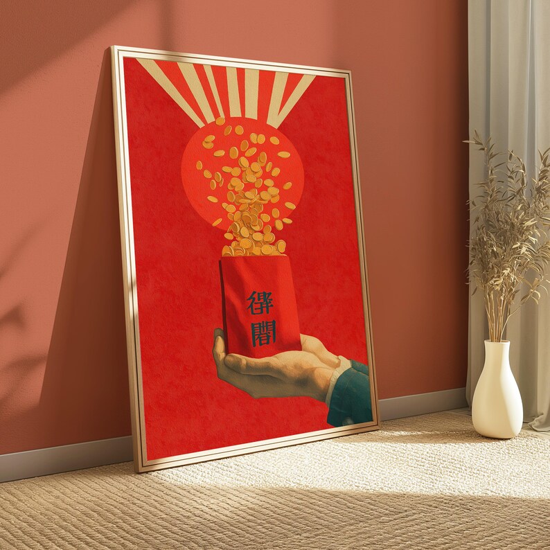 Lucky Money Red Envelope Art Print | Gold Coins Prosperity | Minimalist Asian Wall Art | Wealth Abundance Decor | Digital Download A3 A2 A1 image 2