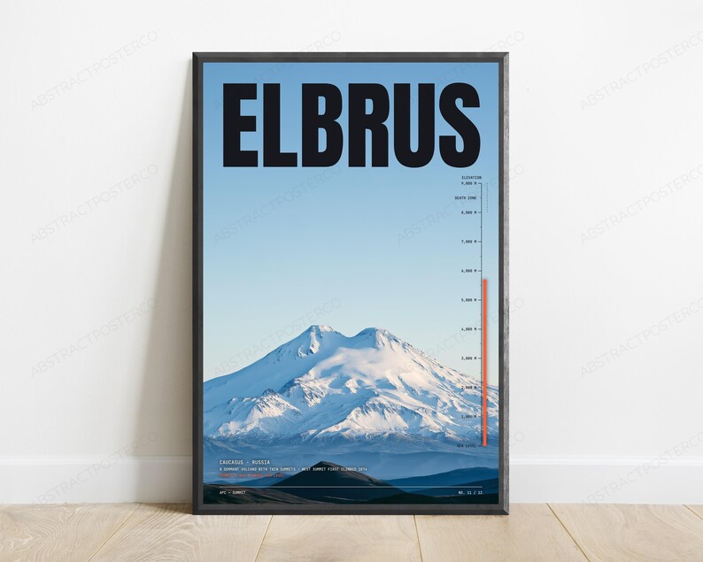 Elbrus Volcano Elevation Print | Minimalist Travel Poster | Mountain Landscape Wall Art image 1