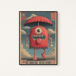 Può includere: Stampa artistica incorniciata raffigurante un mostro rosso con un occhio, denti affilati e una lingua, sotto un ombrello rosso. Lo sfondo è un cielo blu con nuvole, in stile vintage. La cornice è nera.