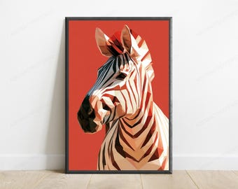 Red Zebra Low-Poly Pop Art Print | Geometric Animal Wall Art | Modern Home Decor