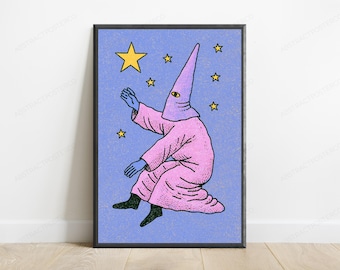 Pink Wizard Magical Spell Pop Art Print | Whimsical Star Wall Art | Minimalist Fantasy Decor | Digital Download A3 A2 A1