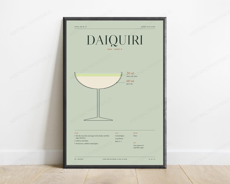 Daiquiri Cocktail Recipe Print in Sage | Minimalist Bar Art | Kitchen Wall Decor image 1