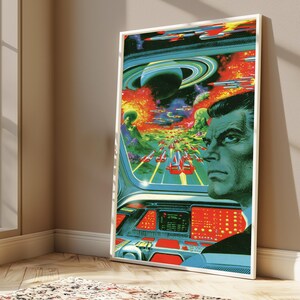 May include: A framed vertical poster featuring a science fiction illustration of a person in a cockpit looking out at a space scene with a ringed planet, multiple flying spacecraft, and a vibrant nebula. The cockpit console has red panels.
