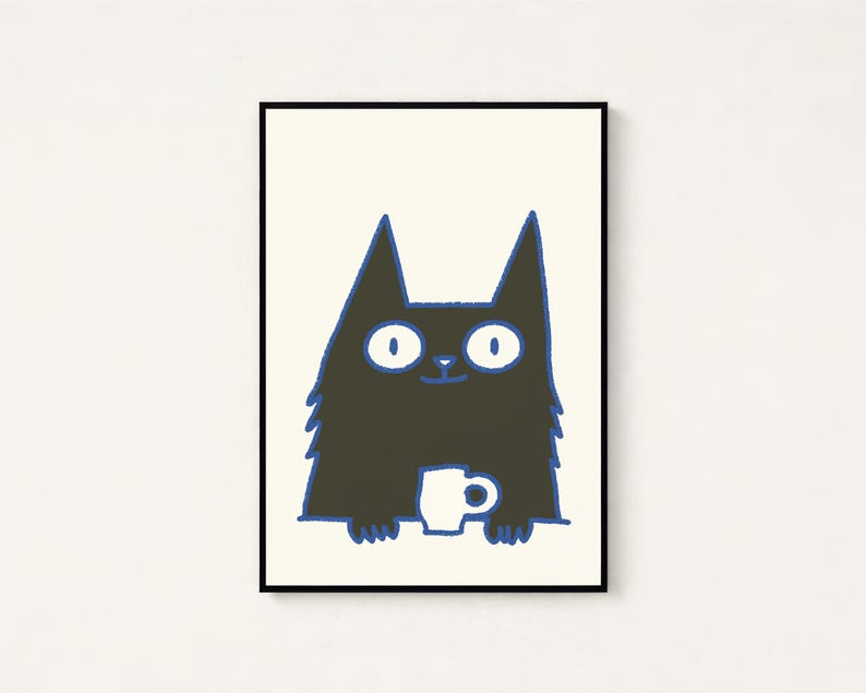Cute Black Cat Minimalist Pop Art Print | Funny Cat Wall Art | Home Décor Gift | Digital Download A3 A2 A1 image 1