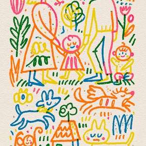 May include: A vibrant, multi-colored line art illustration featuring a family of four holding hands, surrounded by a sun, rainbow, flowers, and trees. Below, a house, a stroller, and two dogs are depicted in a playful, hand-drawn style.