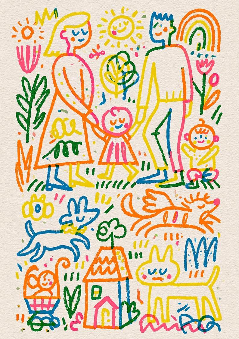 May include: A vibrant, multi-colored line art illustration featuring a family of four holding hands, surrounded by a sun, rainbow, flowers, and trees. Below, a house, a stroller, and two dogs are depicted in a playful, hand-drawn style.