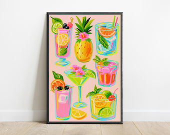 Tropical Cocktail Art Print | Vibrant Citrus Drinks Wall Art | Colorful Summer Beverage Decor | Digital Download A3 A2 A1