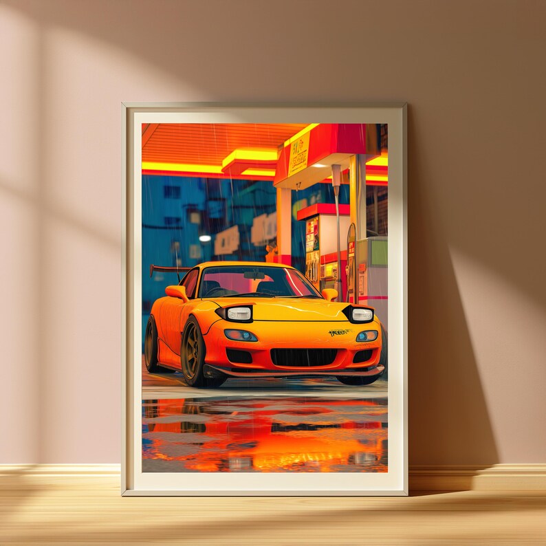 Orange Sportwagen Neon City Regen Druck | JDM Strassenkunst | Cyberpunk Wanddekor | Digitaler Download A3-A2-A1 Bild 5