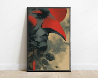 Red Sun Geisha Portrait | Japanese Minimalist Wall Art | Anime Aesthetic Print | Digital Download