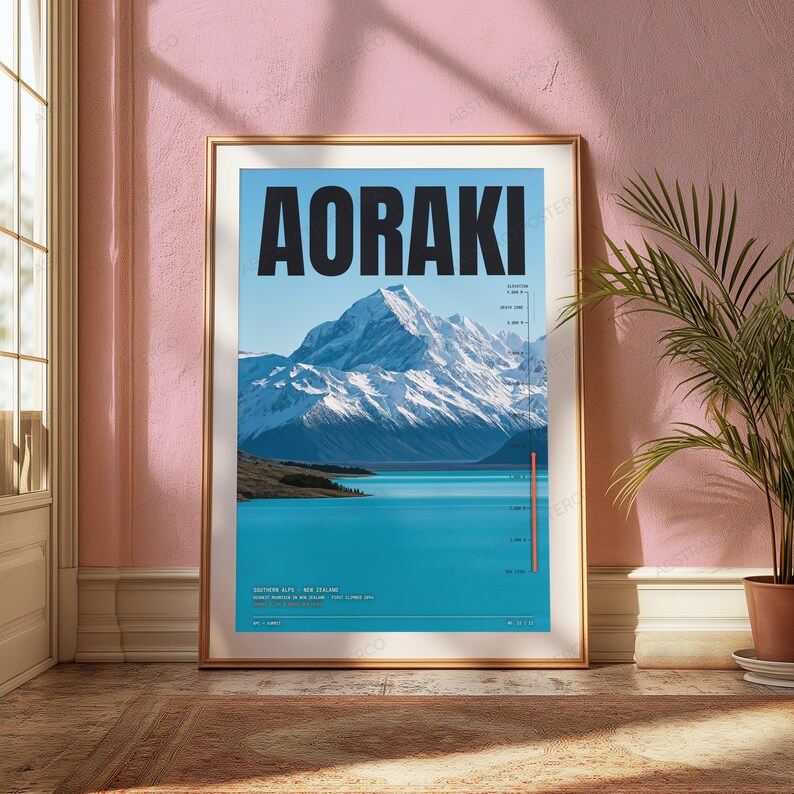 Mount Aoraki Elevation Map Print | New Zealand Alpine Landscape | Minimalist Travel Poster image 5