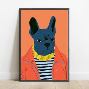 Coole blaue Französische Bulldogge Pop Art Print | Modische Hundewandkunst | Minimalistisches Tierporträt | Digitaler Download A3-A2-A1 Bild 1