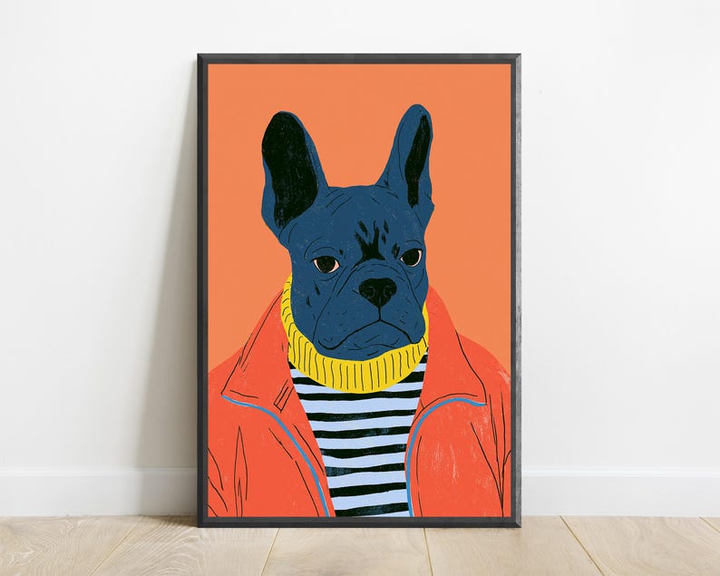 Coole blaue Französische Bulldogge Pop Art Print | Modische Hundewandkunst | Minimalistisches Tierporträt | Digitaler Download A3-A2-A1 Bild 1