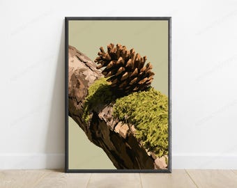 Pine Cone Moss Branch Wall Art | Forest Botanical Print | Minimalist Nature Decor