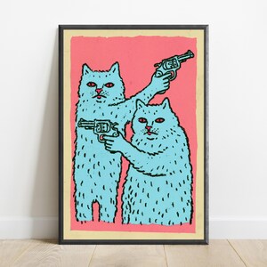 Armed Cats Pop Art Print | Retro Neon Pistols Wall Art | Quirky Colourful Home Decor | Digital Download A3 A2 A1 image 7