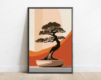 Minimalist Bonsai Tree Silhouette Print | Zen Art Decor | Orange Wave Landscape Wall Art