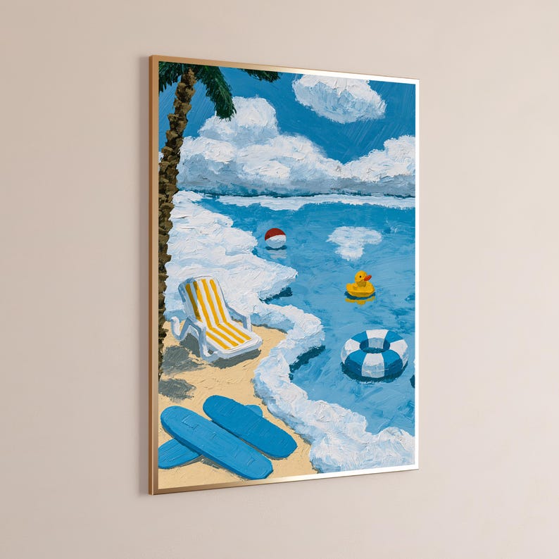 May include: A framed oil painting depicting a beach scene with a yellow and white striped lounge chair on the sand, two blue surfboards, a red and white beach ball, a yellow rubber duck, and a blue and white striped inner tube in the water.