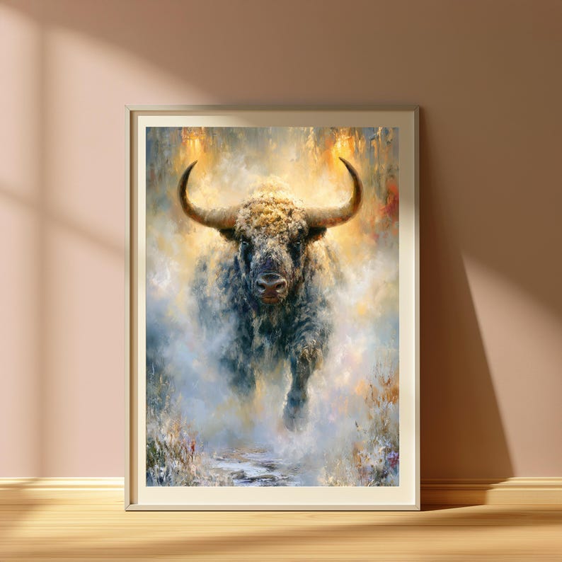 May include: A framed wall art print featuring a textured, painterly depiction of a bull with large, curved horns. The bull is rendered in shades of dark gray, brown, and white, emerging from a hazy, golden-yellow and light blue atmospheric background.