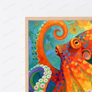 May include: A framed wall art print featuring an oil painting of an octopus with vibrant orange and red skin covered in blue square patterns. The octopus has a long, curling tentacle with visible suction cups against a teal background.