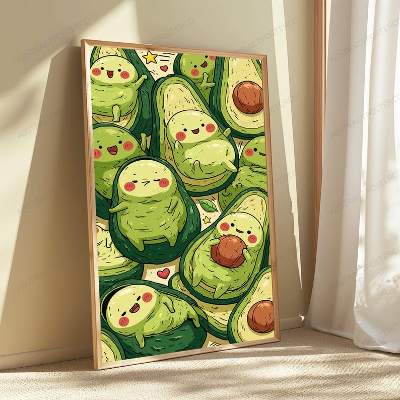 Puede incluir: Una impresi&oacute;n de arte mural rectangular con un patr&oacute;n repetitivo de aguacates de dibujos animados con caras sonrientes, mejillas rosadas y extremidades peque&ntilde;as. Los aguacates se representan en varios estados, algunos sosteniendo sus huesos marrones.
