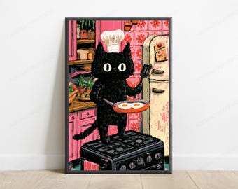 Black Cat Chef Kitchen Pop Art Print | Funny Cooking Wall Art | Minimalist Home Decor | Digital Download A3 A2 A1